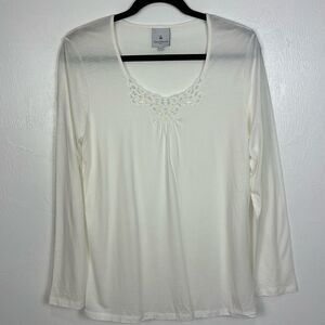 Yves Delorme Paris Cotton Blend Crochet Round Neck Loungewear Top Size L